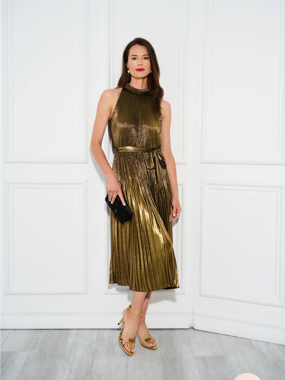 Adrianna Papell Metallic Gold Pleated Halter Midi Dress with Tie Waist